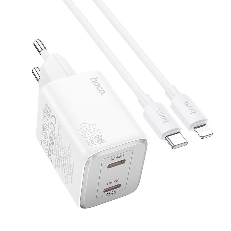 HOCO töltő 2 x Type C + Type C – Lightning kábel PD QC 45W GaN N42 fehér