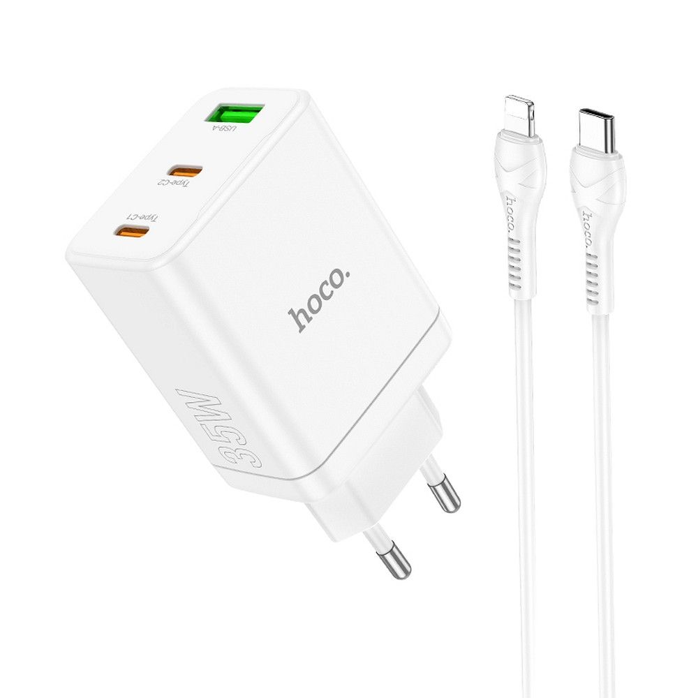 HOCO töltő 2 x Type C + USB A + Type C – Lightning kábel PD QC3.0 3A 35W N33 fehér