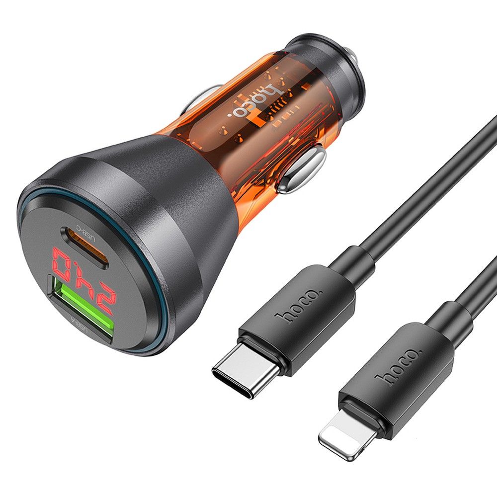 HOCO autós töltő USB A + Type C digitális kijelzővel + Type C – Lightning PD QC3.0 3A 48W NZ12B átlátszó narancssárga