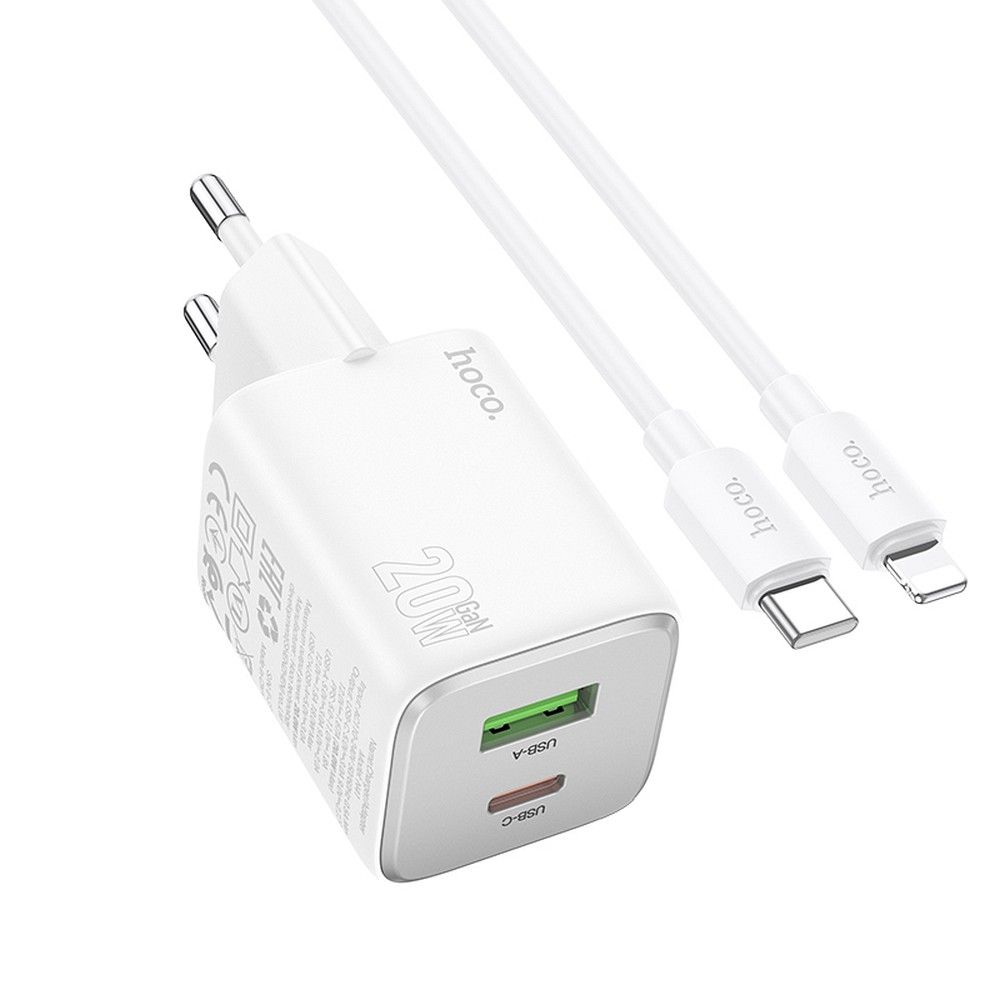 HOCO USB A + Type C töltő + Type C – Lightning PD QC 3A 20W N41 fehér