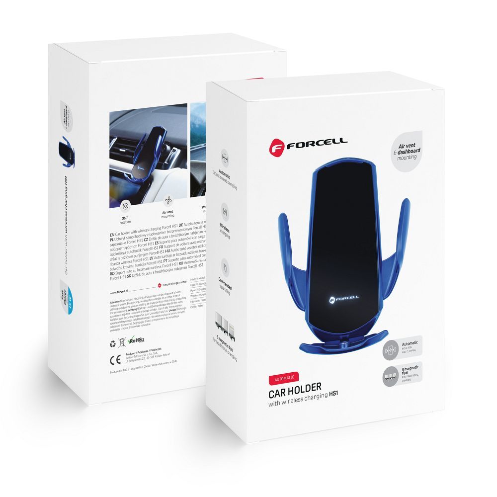 FORCELL autós tartó vezeték nélküli töltéssel automatikus érzékelő + mágneses adapterek HS1 15W kék