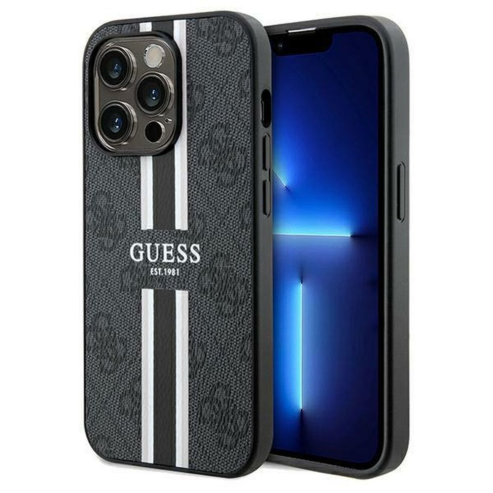 GUESS tok IPHONE 15 Pro-hoz, MagSafe kompatibilis GUHMP15LP4RPSK (4G Nyomtatott Csíkok) fekete