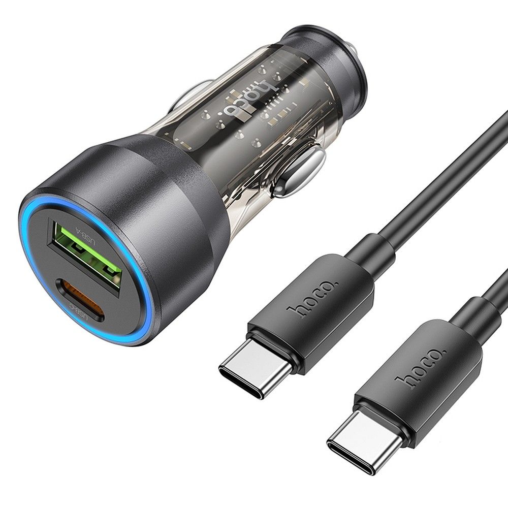 HOCO autós töltő USB A + Type C + Type C – Type C kábel PD QC3.0 3A 43W NZ12A átlátszó fekete