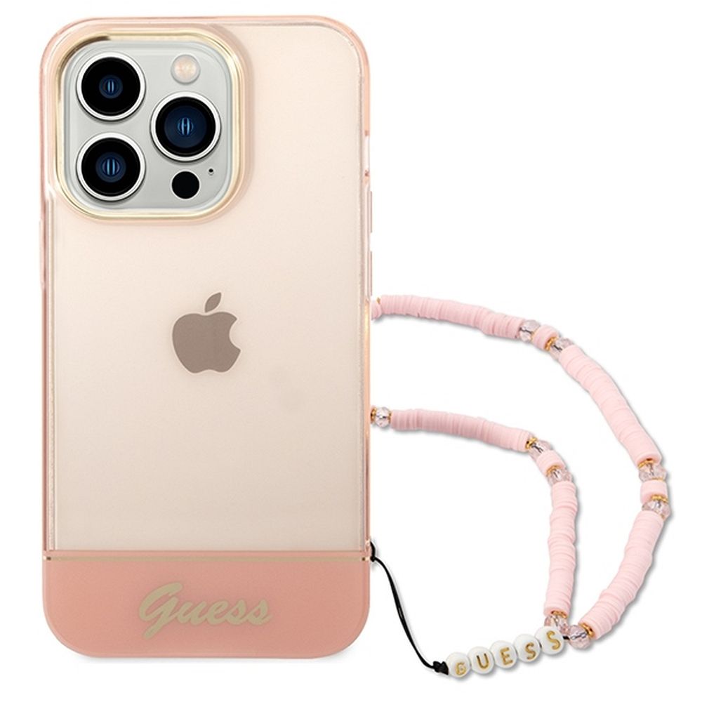 GUESS tok IPHONE 14 Pro GUHCP14LHGCOHP (IML Electro Cam w. Strap Áttetsző) rózsaszín
