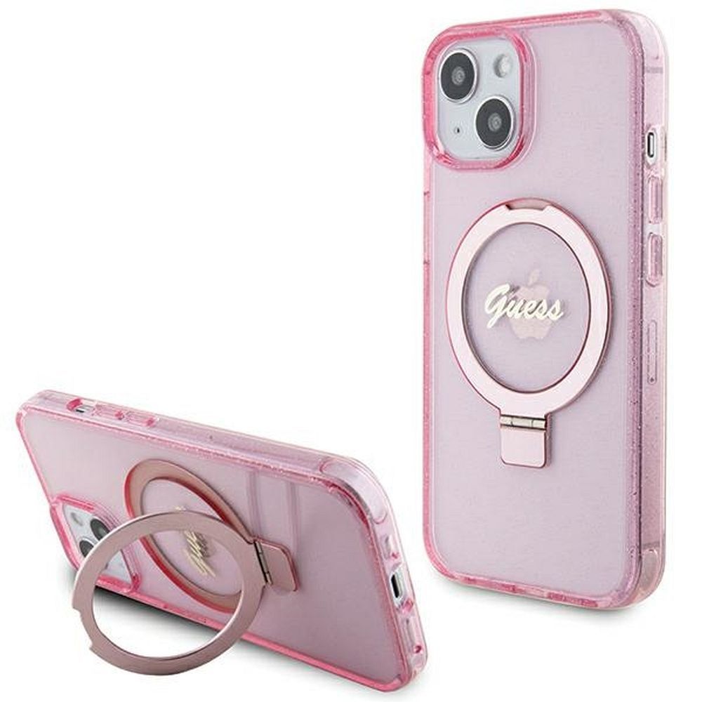 GUESS tok IPHONE 15-höz, MagSafe kompatibilis GUHMP15SHRSGSP (Csillogó Feliratú Gyűrűtartó) rózsaszín