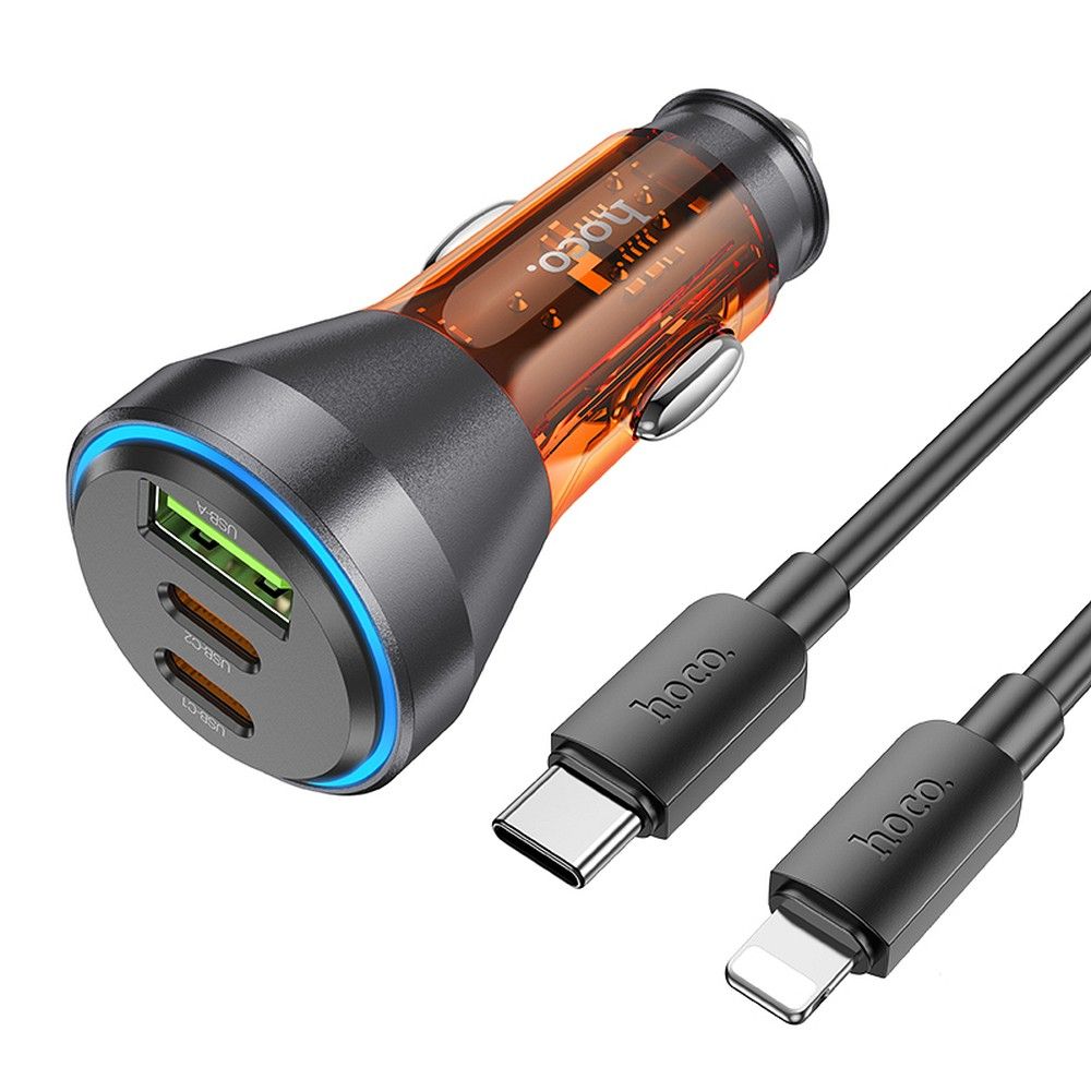 HOCO autós töltő USB A + 2 x Type C + Type C – Lightning kábel PD QC3.0 3A 60W NZ12D átlátszó narancssárga