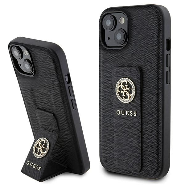 GUESS tok IPHONE 13 / 14 / 15 GUHCP15SPGSSADK (Grip Stand 4G Saffiano Strass) fekete