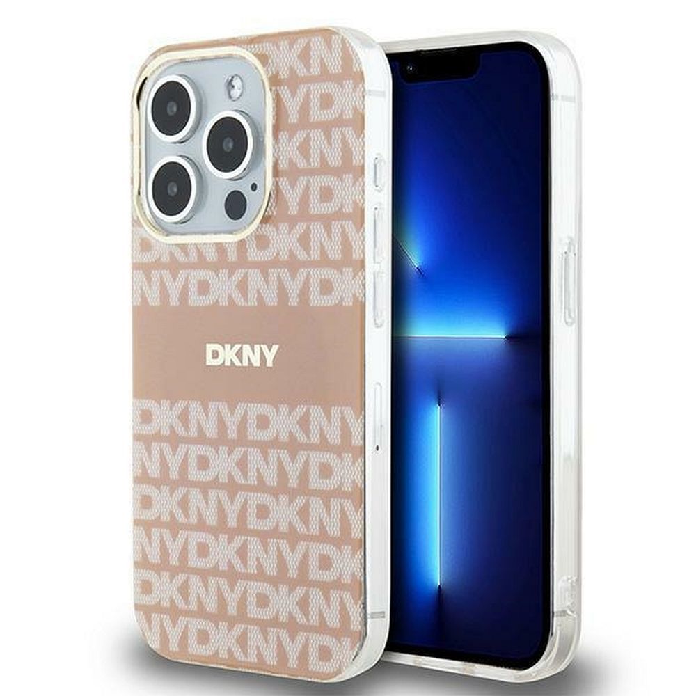 DKNY tok IPHONE 15 Pro Max-hoz, MagSafe kompatibilis DKHMP15XHRHSEP (DKNY HC MagSafe PC TPU Ismétlődő Textúra Minta Csíkkal) rózsaszín
