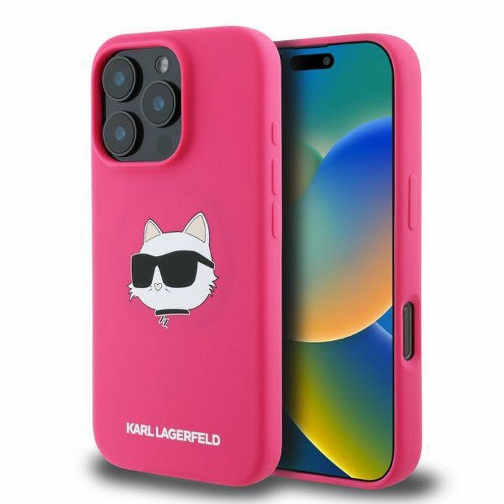 KARL LAGERFELD tok IPHONE 16 Pro-hoz, amely kompatibilis a MagSafe rendszerrel KLHMP16LSCHPPLF (Sil Choupette fej mintázat) fukszia