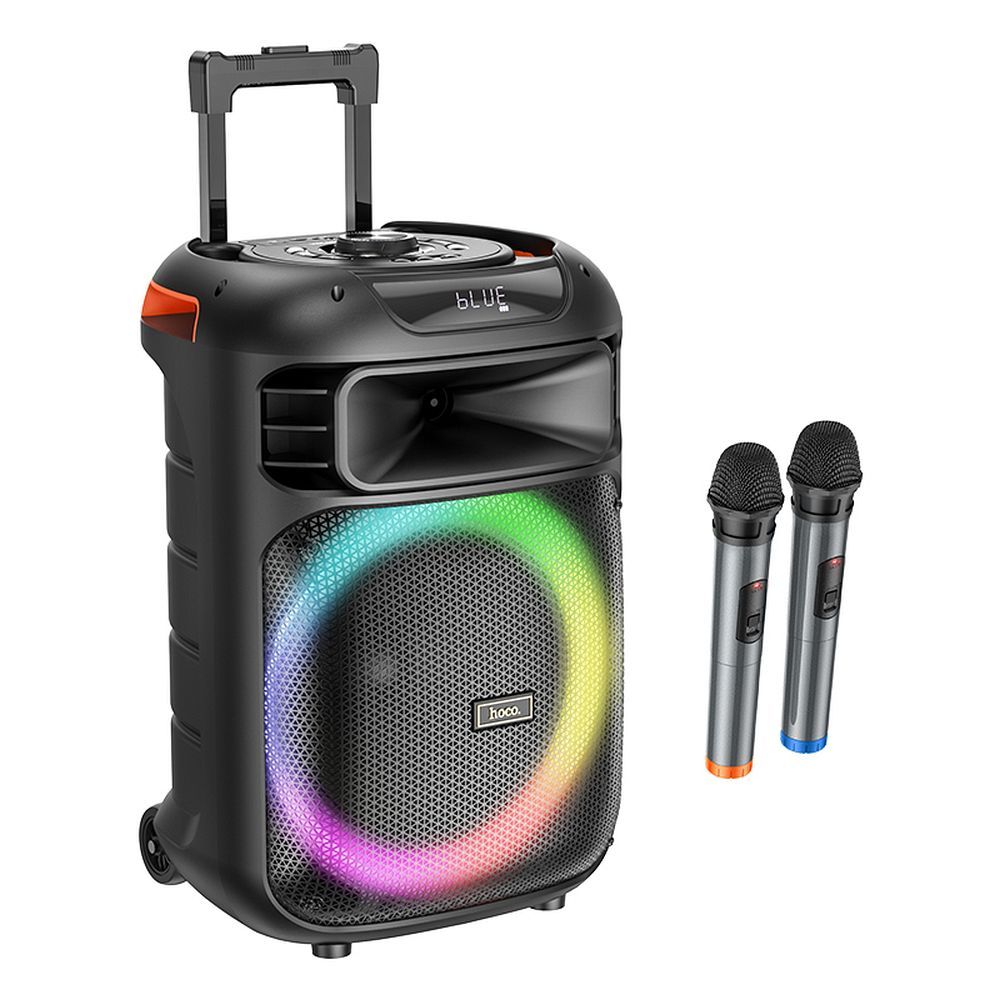 HOCO vezeték nélküli hangszóró táncos kültéri karaoke + 2x vezeték nélküli mikrofon LED Winner HA5 fekete (+ FBT, TF, USB, AUX)