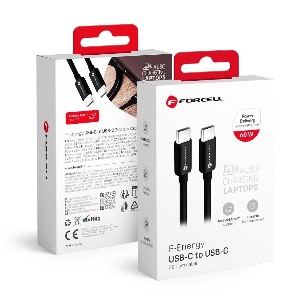 FORCELL F-ENERGY C338 Type C – Type C PD QC4.0 3A 60W 3 m fekete kábel