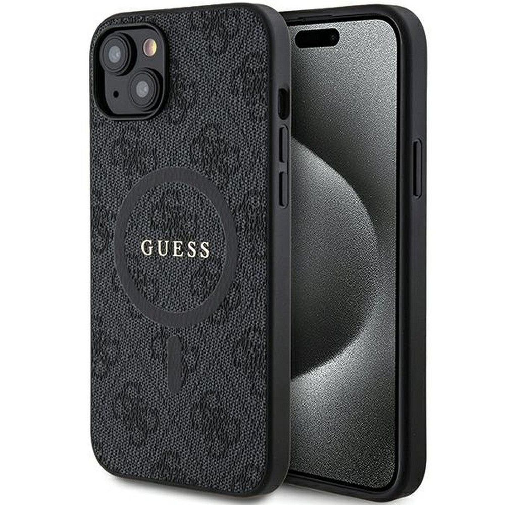 GUESS tok iPhone 15-höz, MagSafe kompatibilis GUHMP15SG4GFRK (4G Ring klasszikus logó) fekete