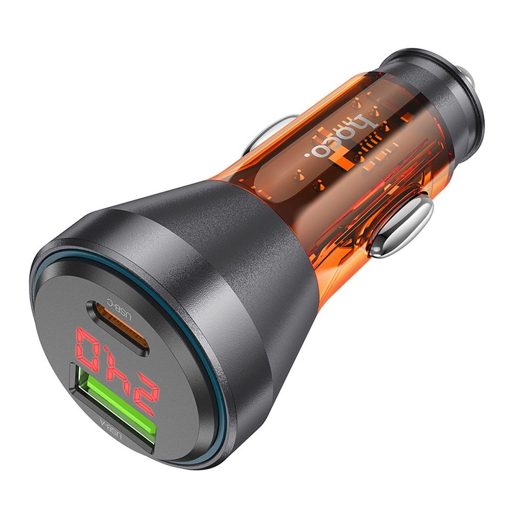 HOCO autós töltő USB A + Type C digitális kijelzővel PD QC3.0 3A 48W NZ12B átlátszó narancssárga