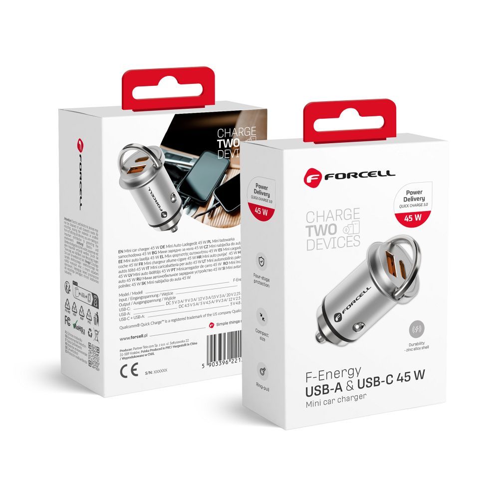 FORCELL F-ENERGY Mini autós töltő Type C + USB A PD QC3.0 5A 45W ezüst
