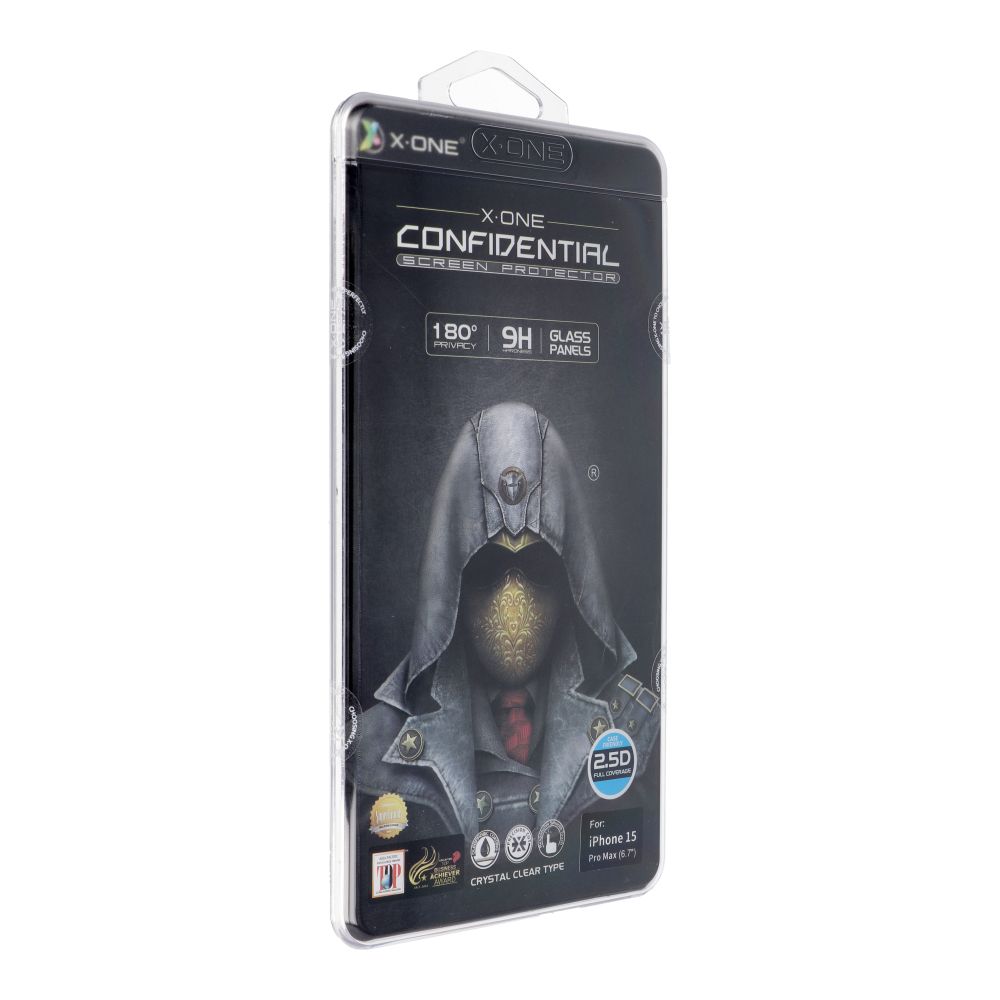 X-ONE Full Cover Extra Strong Privacy – iPhone 15 Pro Max (teljes ragasztás) edzett üveg 9H