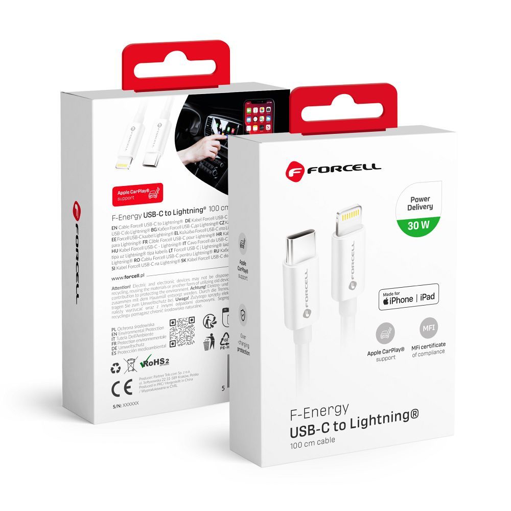 FORCELL F-ENERGY C901 Type C – Lightning kábel MFi PD 3A 30W 1 m fehér