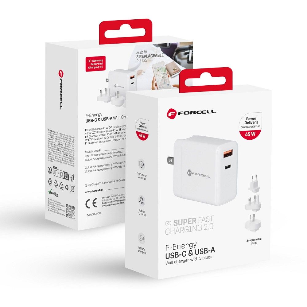 FORCELL F-ENERGY TFK-TC-45WPDAC utazási töltő 3in1 Type C + USB A PD QC4.0 3A 45W cserélhető dugókkal (EU / UK / US) fehér