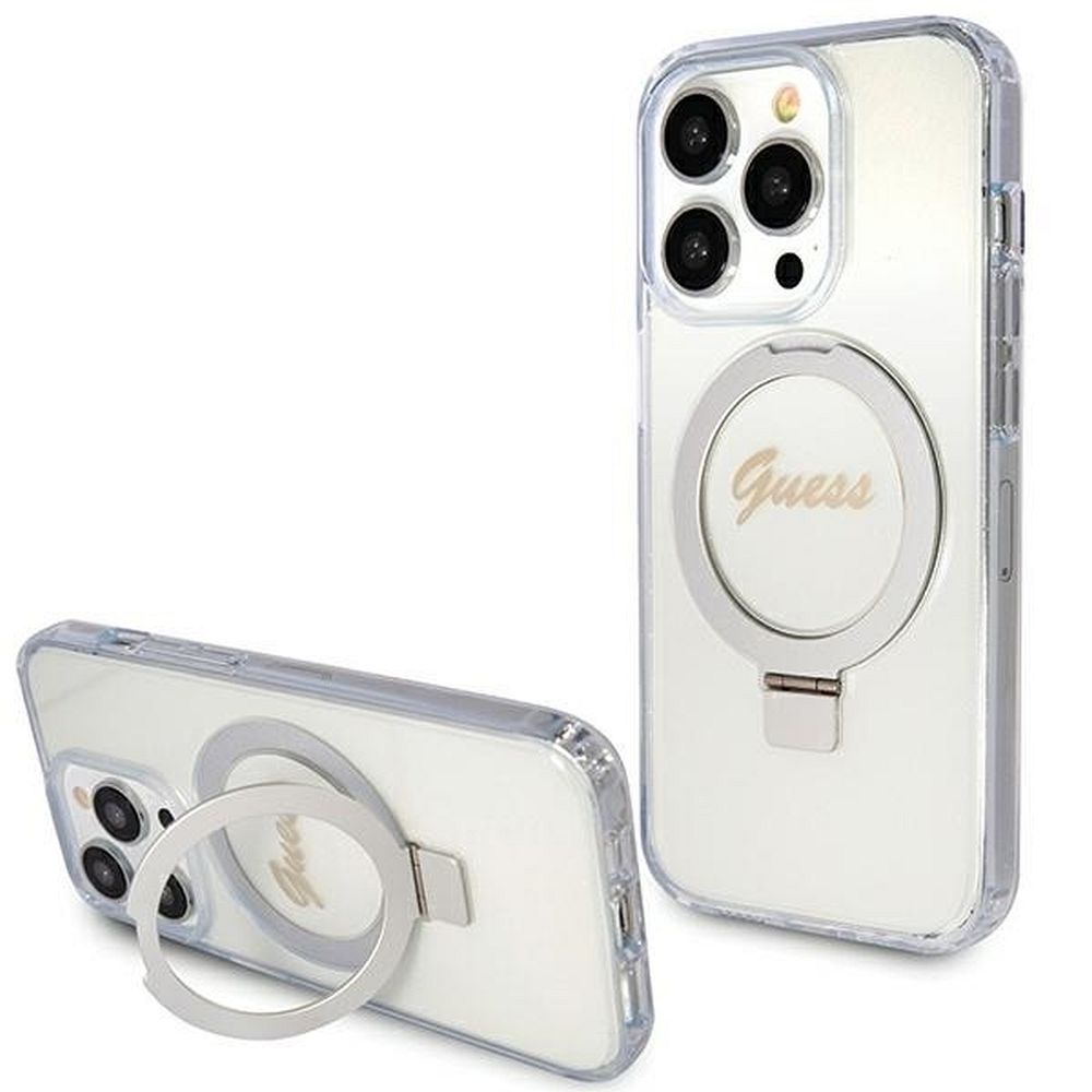 Eredeti hátlap tok GUESS GUHMP15XHRSGSD iPhone 15 Pro Max-hoz (Magsafe kompatibilis / Csillogó logó / Gyűrűs állvány / átlátszó)