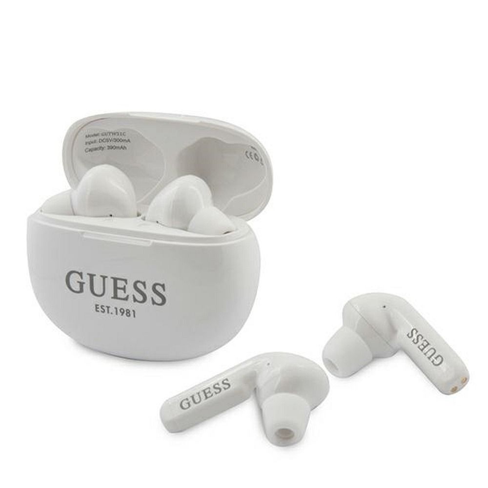 Bluetooth Fülhallgató Stereo TWS GUESS V5.0 4ÓRA ZENEIDŐ Dokkállomással fehér (GUTWS1CWH)