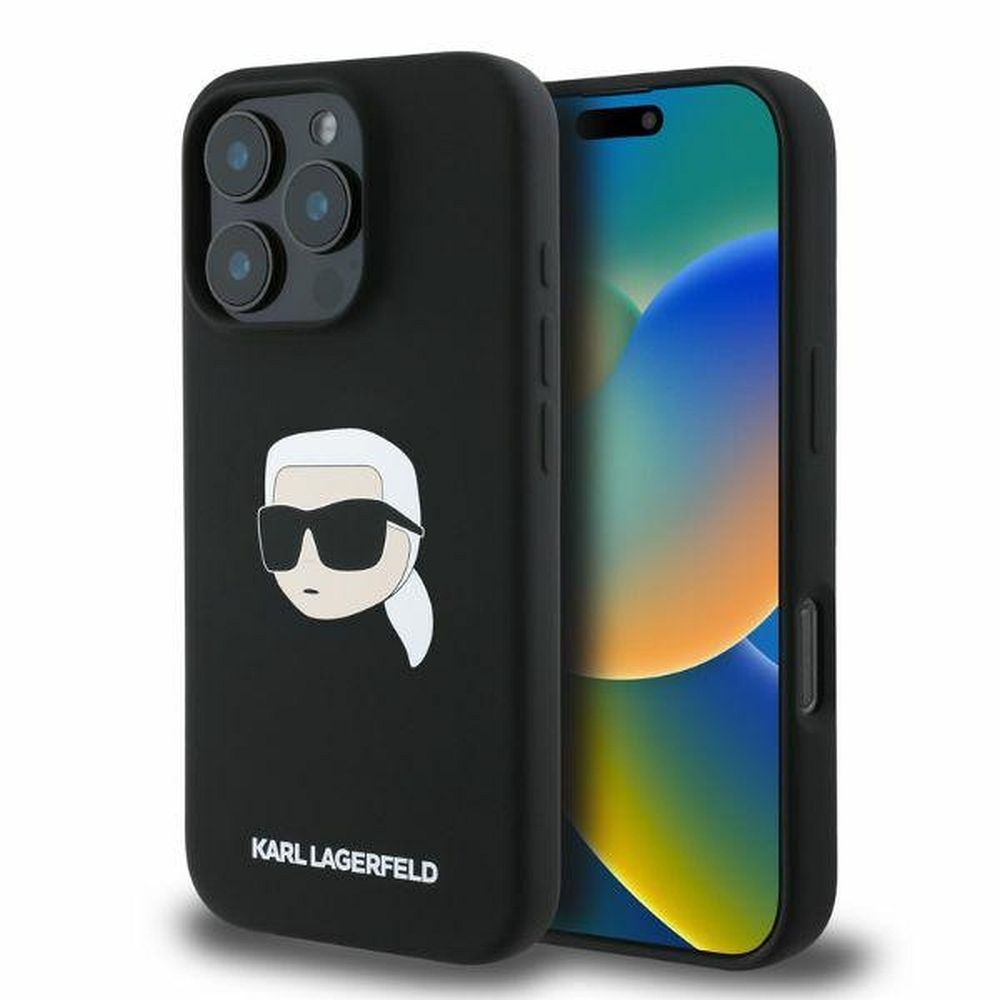KARL LAGERFELD tok IPHONE 16 Pro-hoz, MagSafe kompatibilis KLHMP16LSKHPPLK (Sil KL Head Print) fekete