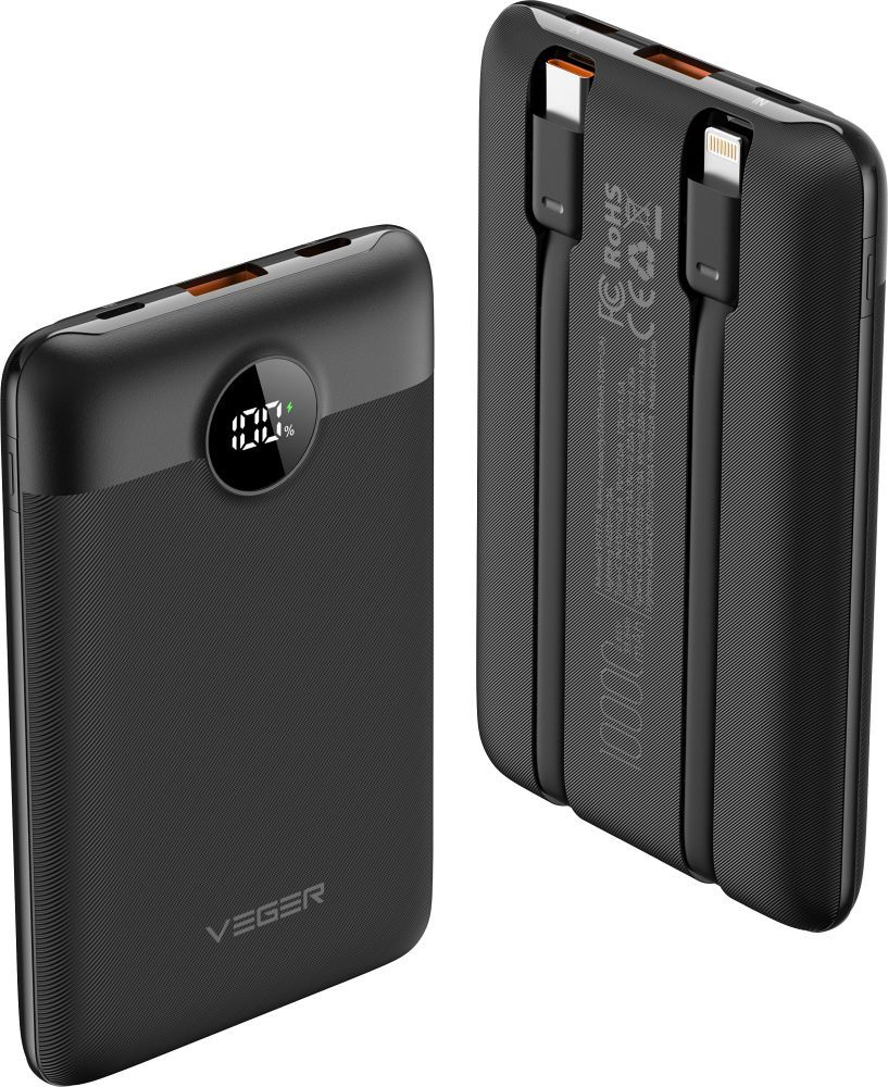 VEGER powerbank 10 000 mAh beépített Type C / Lightning kábelekkel PD QC3.0 2A 22,5W C11 (W1170) fekete