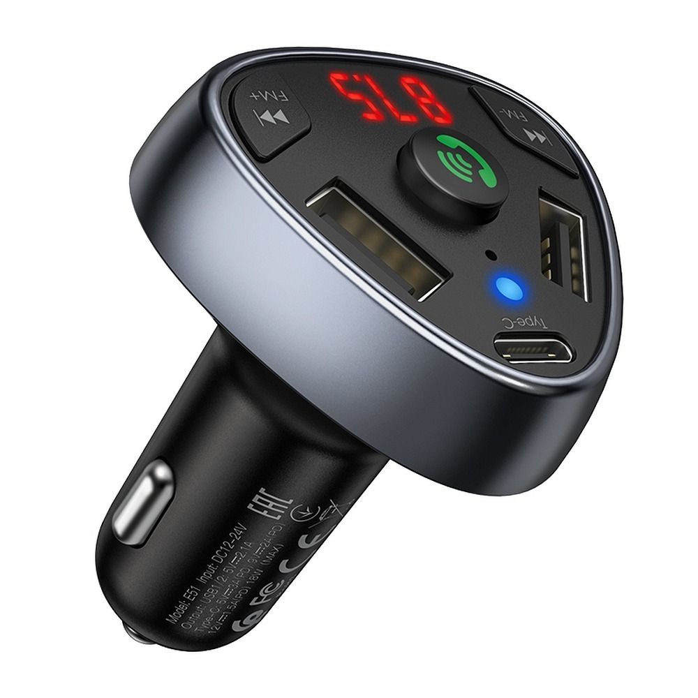 HOCO car charger 2 x USB A + Type C + transmiter FM BT + TF card 3,1A 18W E51 black
