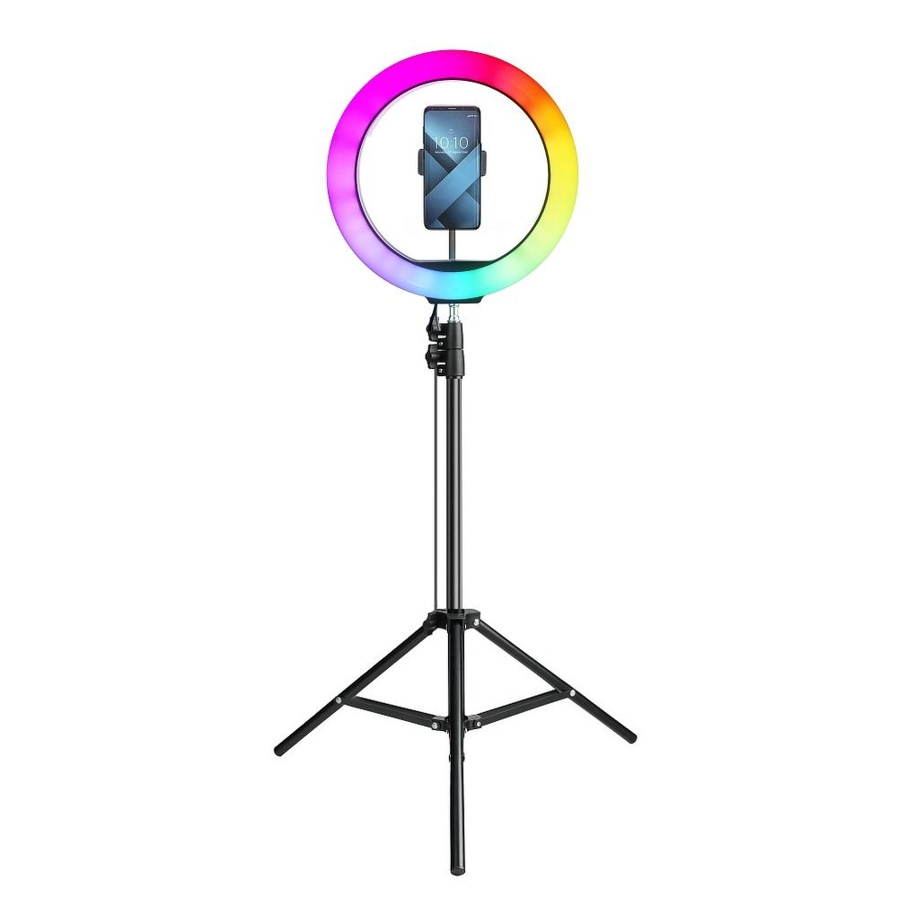 LED Ring Stream RGB lamp 12″ FULL COLOR with holder for mobile + tripod black