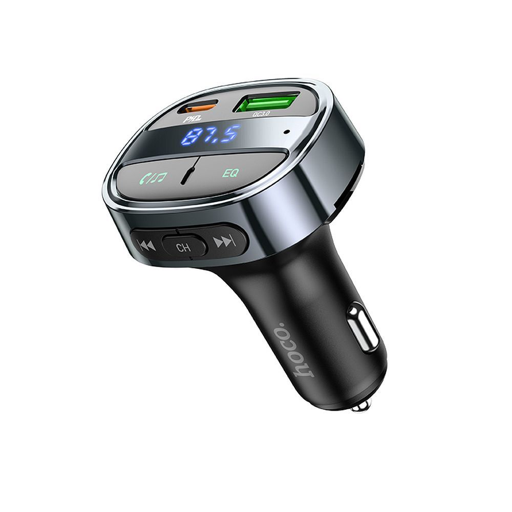 HOCO autós töltő USB A+ Type C digitális kijelzővel + FM BT adó PD QC3.0 5A 30W E70 obszidián fekete