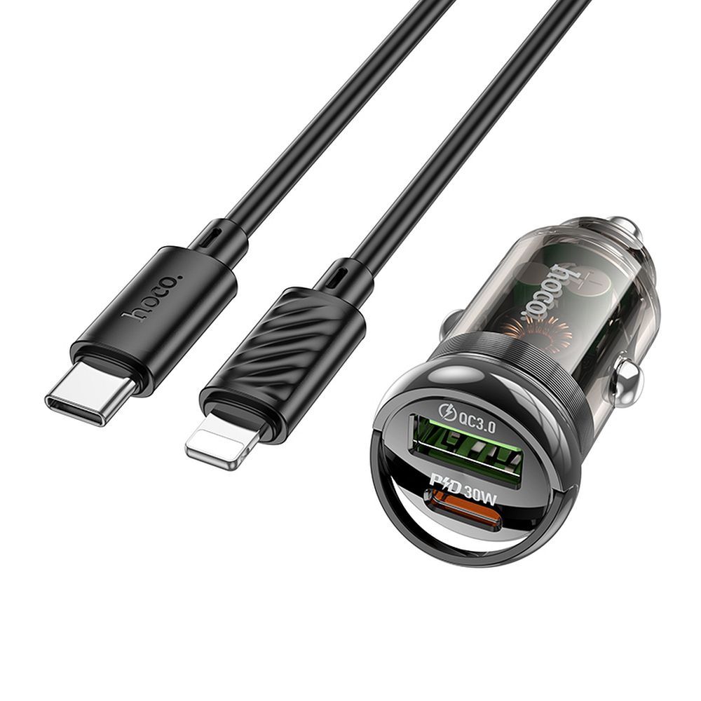 HOCO autós töltő USB A + Type C + Type C – Lightning kábel PD QC3.0 3A 30W Z53A fekete