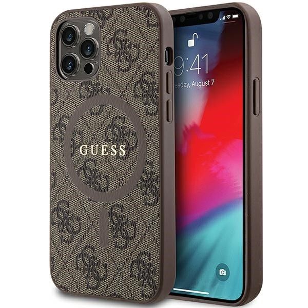 GUESS tok IPHONE 12 / 12 Pro MagSafe kompatibilis GUHMP12MG4GFRW (4G Ring klasszikus logó) barna