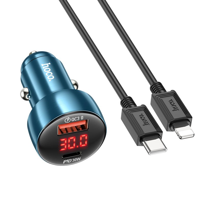 HOCO autós töltő USB A + Type C digitális kijelzővel + Type C – Lightning kábel PD QC3.0 3A 48W Z50 fém szürke