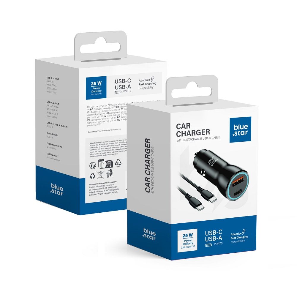 BLUE STAR autós töltő 3A 25W Type C + USB A + Type C – Type C kábel PD QC3.0 AFC PPS fekete
