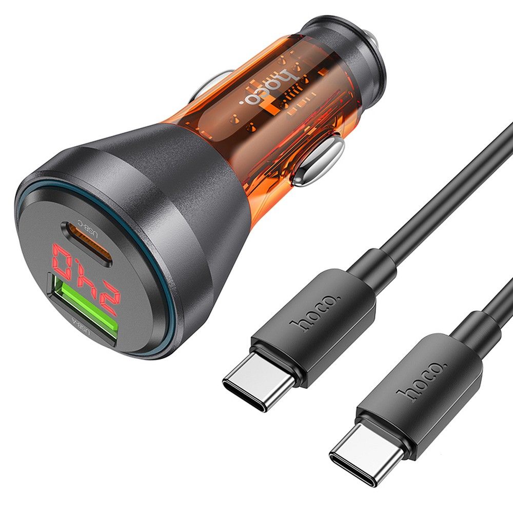 HOCO autós töltő USB A + Type C digitális kijelzővel + Type C – Type C kábel PD QC3.0 3A 48W NZ12B átlátszó narancssárga