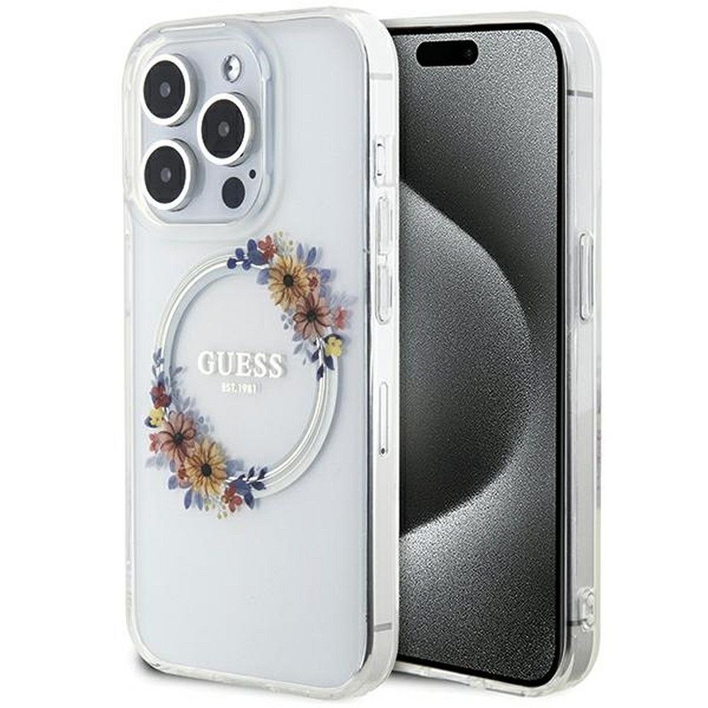 GUESS tok IPHONE 15 Pro-hoz, MagSafe kompatibilis GUHMP15LHFWFCT (Virágkoszorú) átlátszó