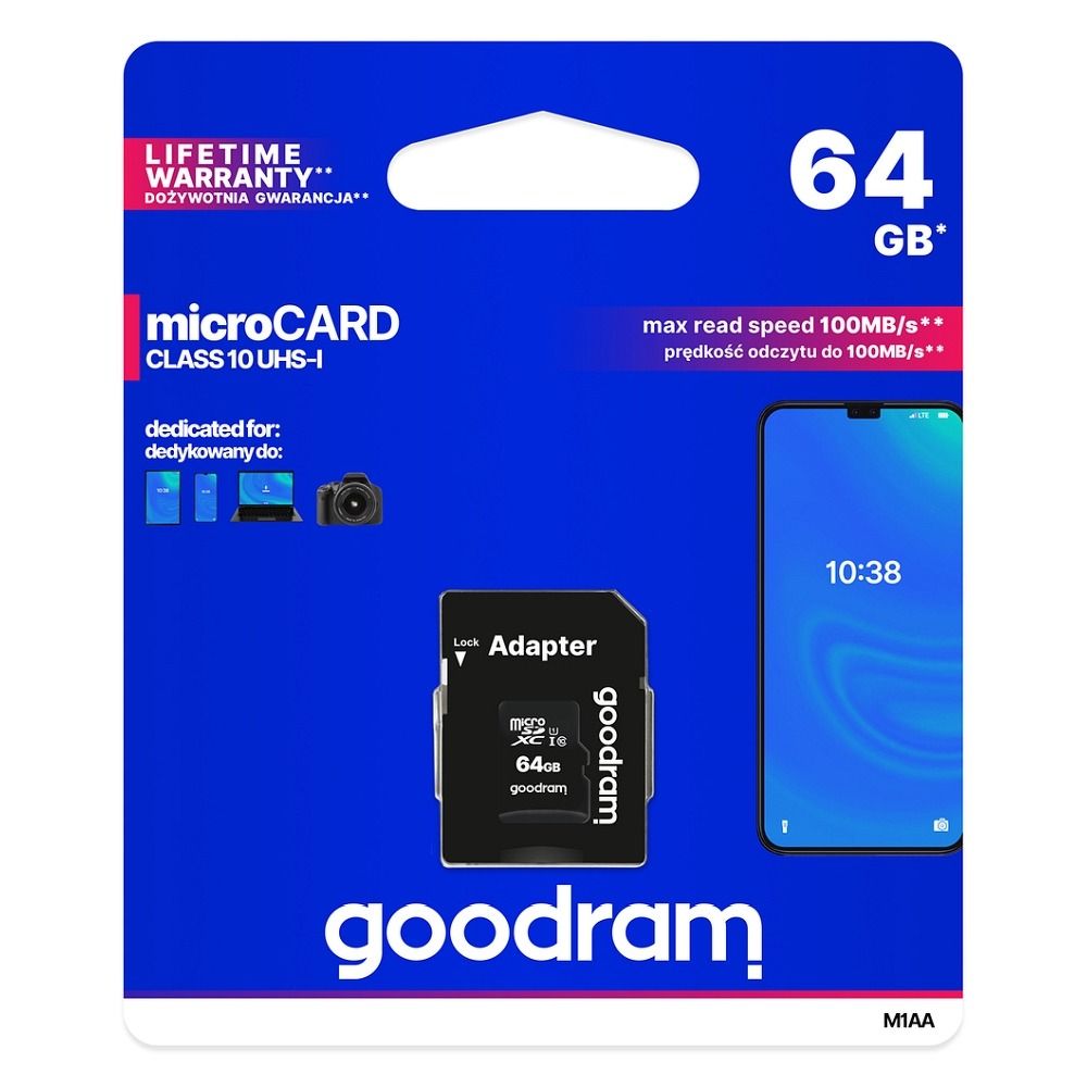 GOODRAM microSD memória kártya 64GB 100MB/s class 10 UHS I SD adapterrel