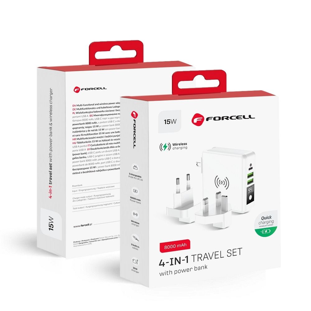 FORCELL F-ENERGY multifunkciós töltő 15W 4in1 USB/USB-C aljzattal, 8000mAh power bank és vezeték nélküli töltés