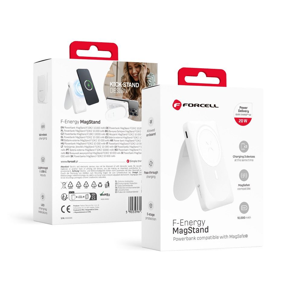 FORCELL F-ENERGY F10K2 MagStand powerbank MagSafe kompatibilis PD QC3.0 5A 20W 10 000 mAh fehér