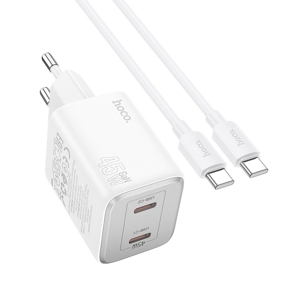 HOCO töltő 2 x Type C + Type C – Type C kábel PD QC 45W GaN N42 fehér