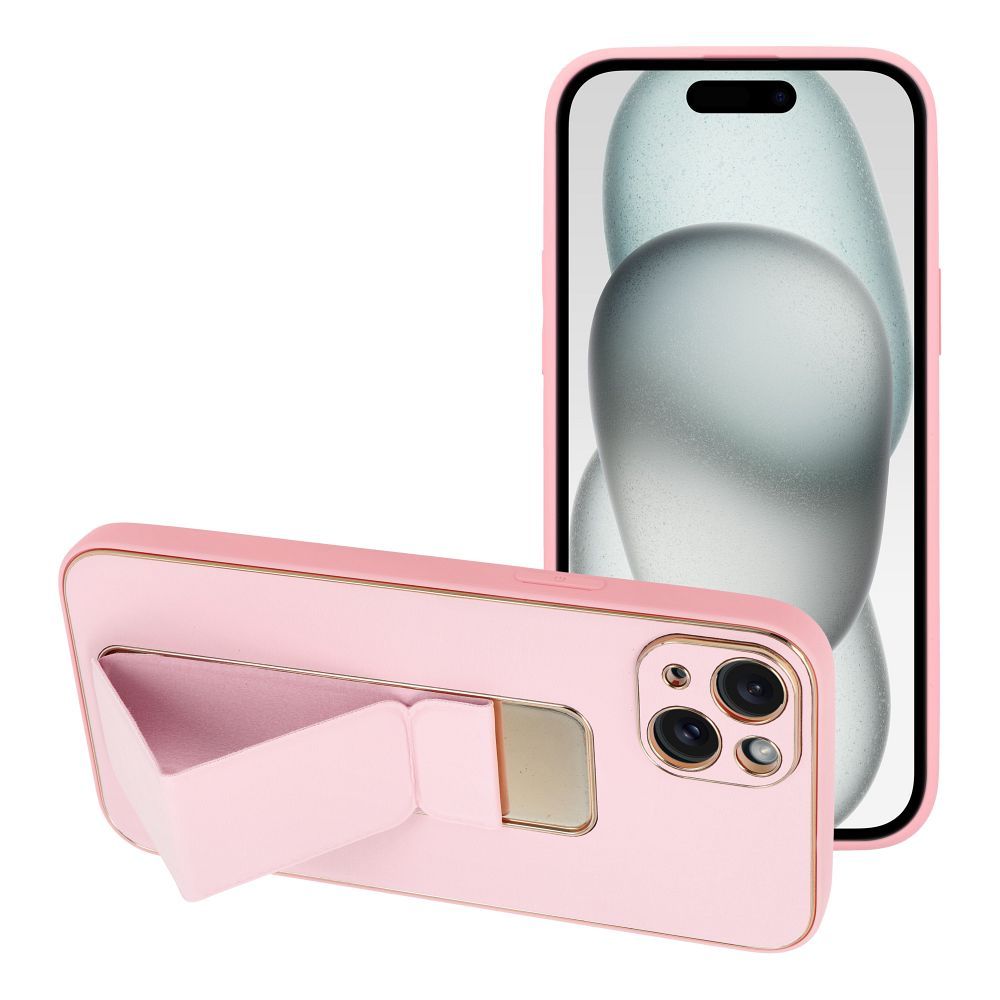 BŐR TOK KICKSTAND IPHONE 15 Plus-hoz rózsaszín