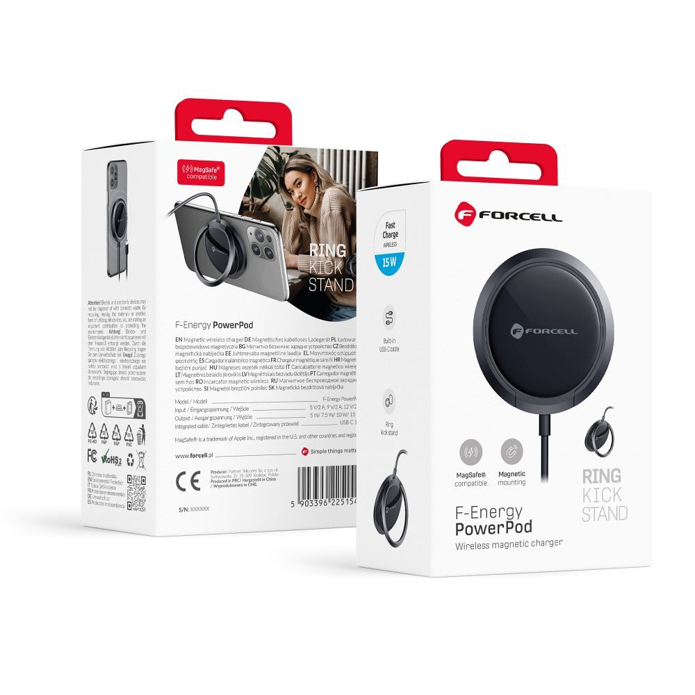 FORCELL F-ENERGY PowerPod vezeték nélküli töltő MagSafe kompatibilis gyűrűvel/támasztékkal 2A 15W fekete