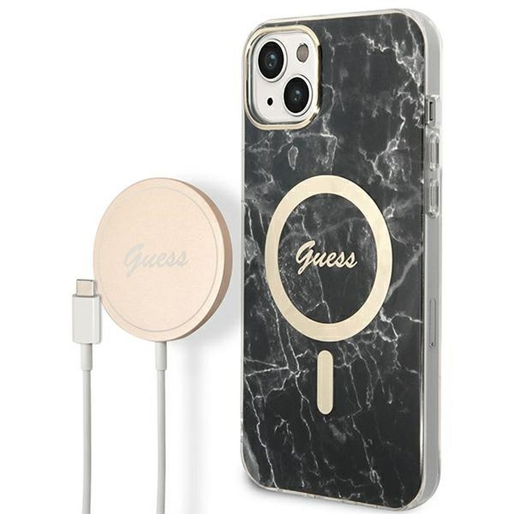 Eredeti GUESS GUBPP14SHMEACSK szett iPhone 14 (Bundle Pack Magsafe: Tok + Töltő / IMG Márvány / Arany – Fekete)