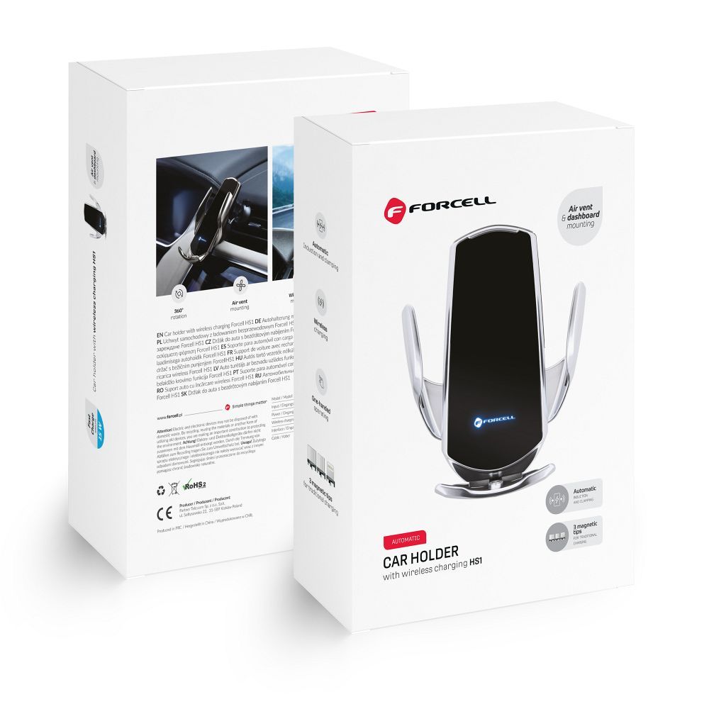 FORCELL autós tartó vezeték nélküli töltéssel automatikus érzékelővel + mágneses adapterek HS1 15W ezüst