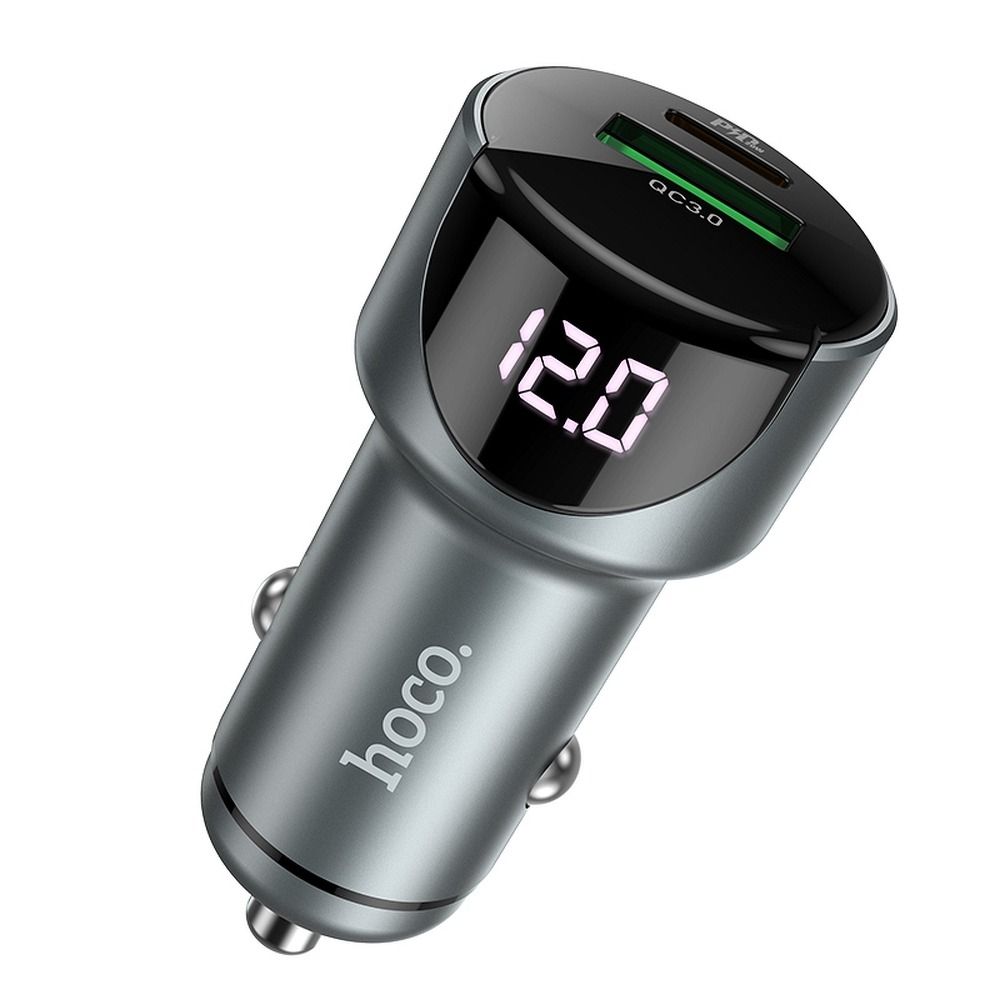 HOCO autós töltő USB A + Type C digitális kijelzővel PD QC3.0 3A 20W Z42 fém szürke
