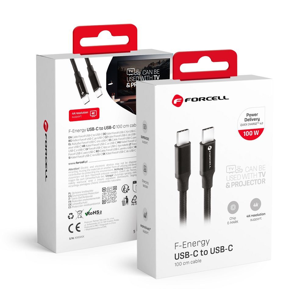 FORCELL F-ENERGY C391 Type C – Type C PD QC4.0 5A 100W E-mark / 4K / Thunderbolt / 20Gbit/s 1 m fekete