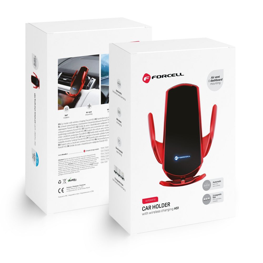 FORCELL autós tartó vezeték nélküli töltéssel automatikus érzékelő + mágneses adapterek HS1 15W piros