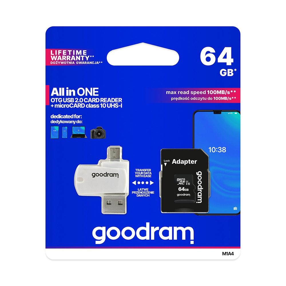 GOODRAM USB A + Micro USB ALL IN ONE M1A4 kártyaolvasó + 64GB micro SD memória kártya SD adapterrel