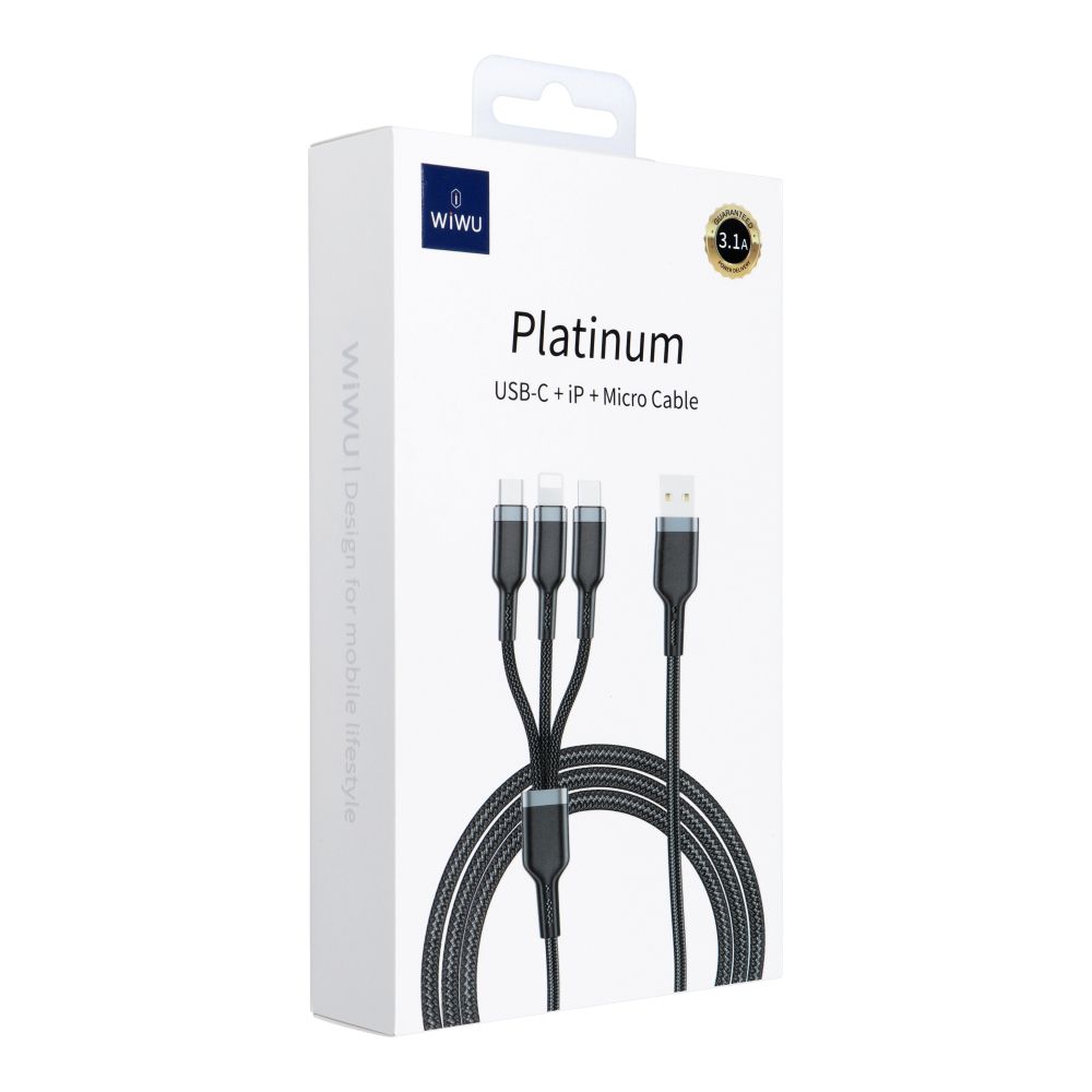 WiWU – Platinum Series Data Cable Wi-C014 3w1 USB A to USB C, Micro USB, Lightning 3,1A 1,2m – fekete