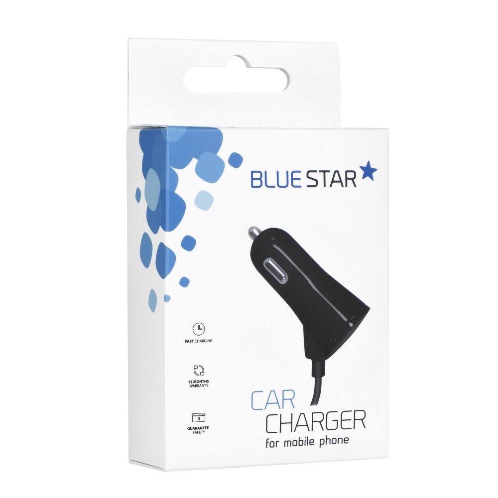 Autós töltő micro USB adatkábel + USB aljzat 3A Kék Csillag