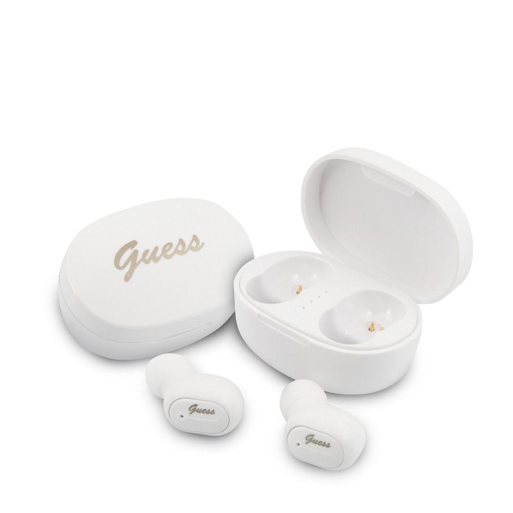 Bluetooth Fülhallgató Stereo TWS GUESS V5.0 4ÓRA ZENEIDŐ Dokkállomással, Fehér ( GUTWST30WH )