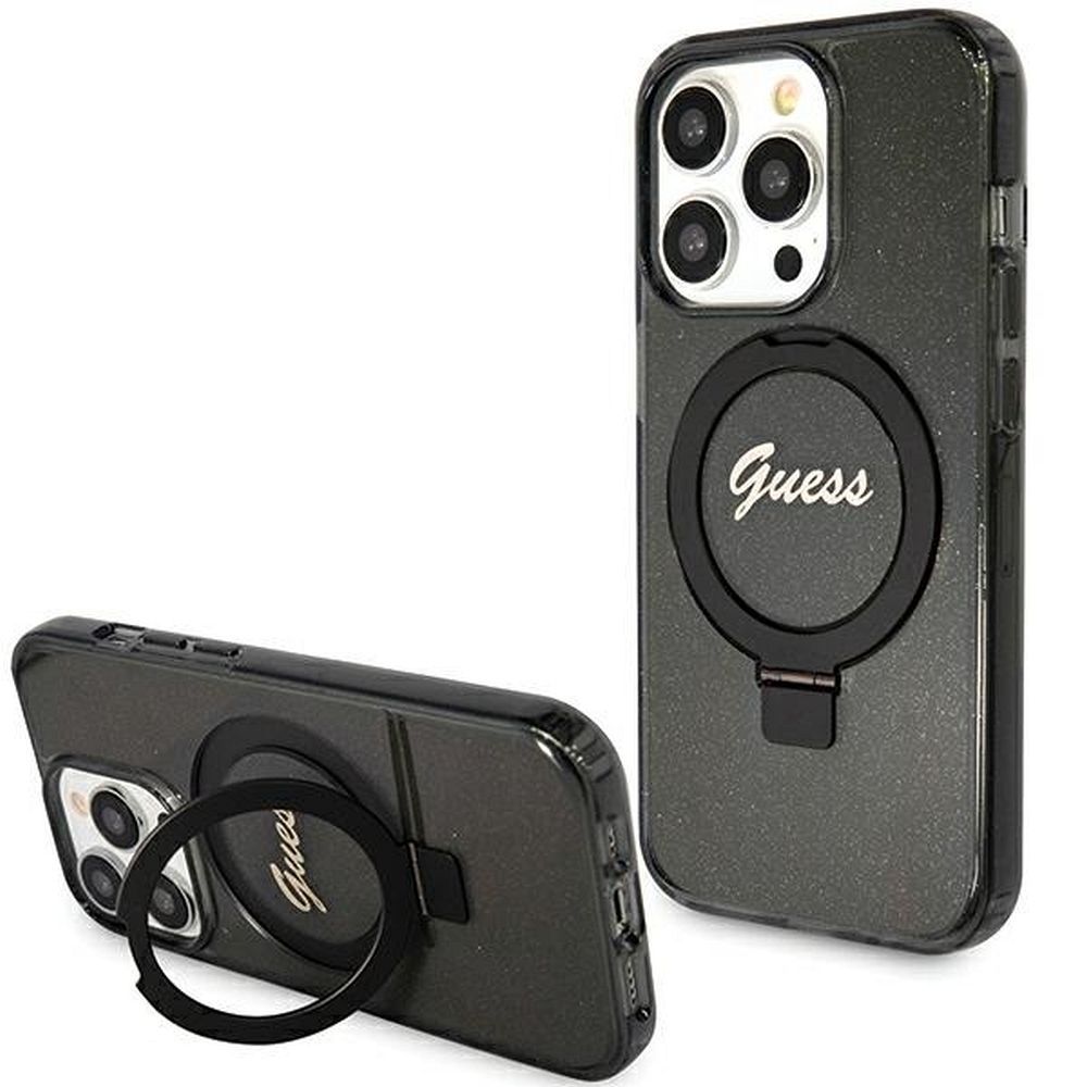 GUESS case for IPHONE 15 Pro compatible with MagSafe GUHMP15LHRSGSK (Glitter Script Logo Ring stand) black